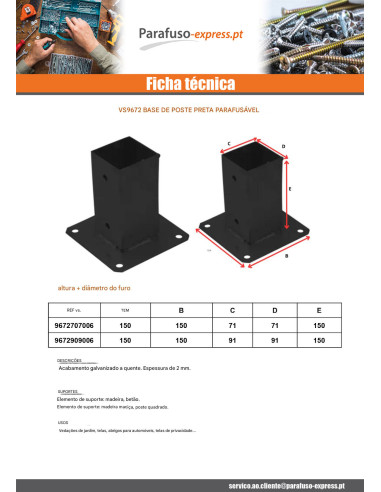Postbasis con aparafusar com parafuso passante 70x70 Preto