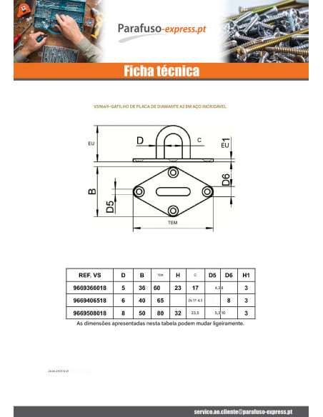 Alça con placa losângulo 50X80 Aço inoxidável A2
