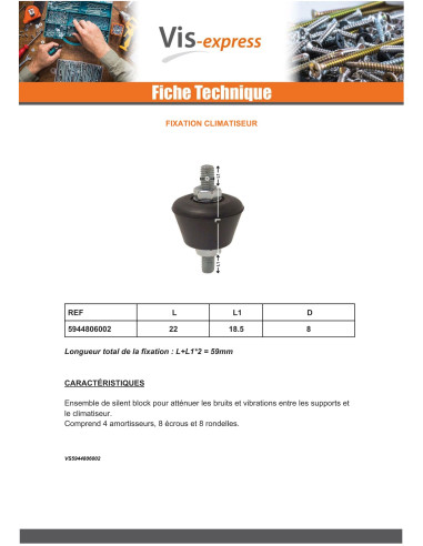 Kit de 4 blocos solentes Fixação ar-condicionado M8X60 Aço zinco branco