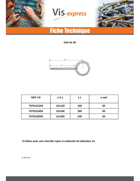 Parafuso de cabeça olhall 12X230 olho 23 Aço zinco branco
