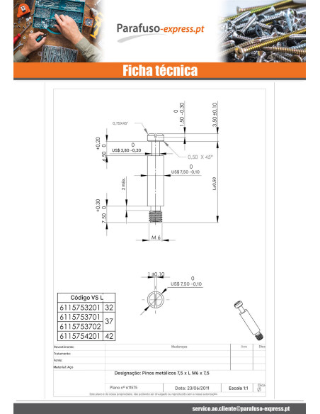 Buchas de madeira metais Aço zinco branco 7,5X37 M6-7,5