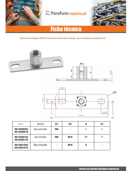 Placa de montagem com Porca sextavada M10 Aço inoxidável A4
