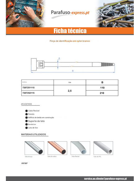 Abraçadeira de aperto em aço inoxidável IDENTIFICAÇÃO nylon branco 2,5X110