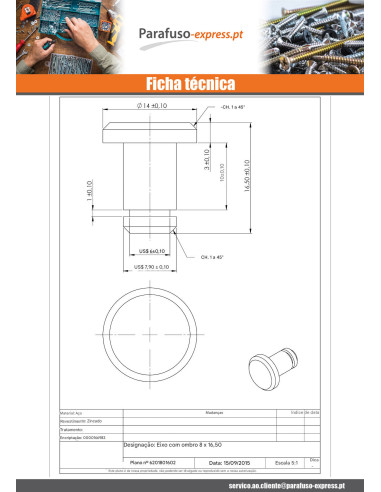 Pino ombro 8X16,5 Aço zinco branco - Parafuso Express