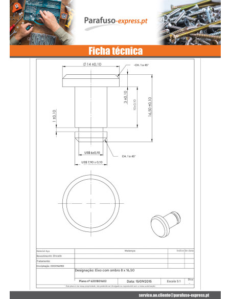 Pino ombro 8X16,5 Aço zinco branco - Parafuso Express