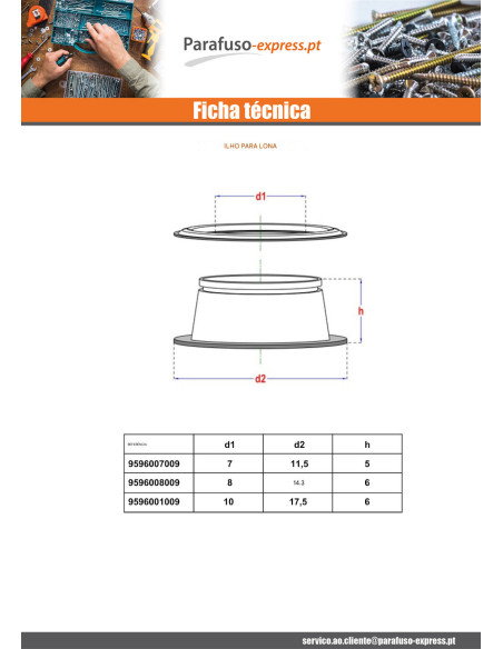 Embalagem blister de 5 com ilhós ENCERADO diâmetro 7 Bronze