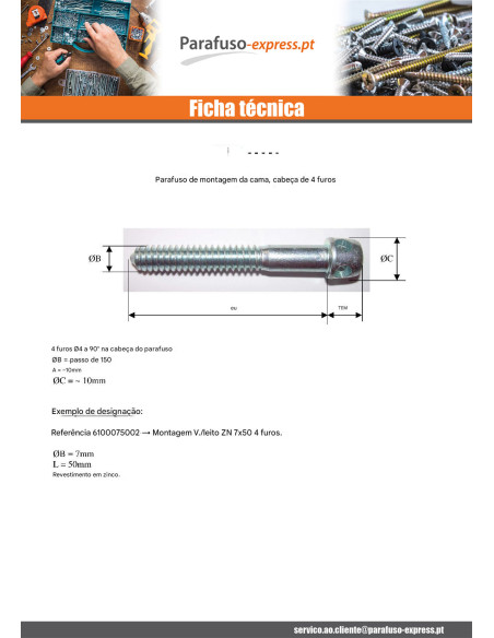 Parafuso de montagem de móveis/camas Aço zinco branco M7X50 cabeça 4TRO