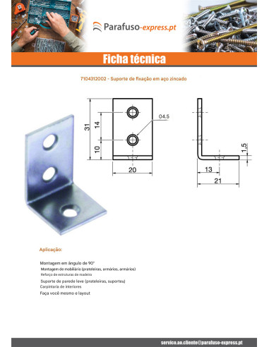 Cantoneira de fixação 31x20x21 Aço zinco branco