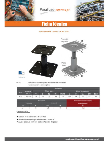 Postbasis ajuste 130X130 M20 Preto - Parafuso Express