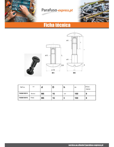 Parafuso de rebite M6X40 diâmetro Tubo 8 nylon branco 2 peças macho fêmea