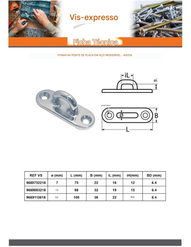 Alça con placa OVAL 100X36 Aço inoxidável A4 - Parafuso Express