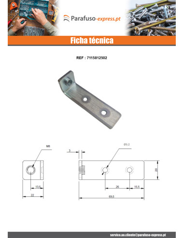 Cantoneira de fixação orifício rosca M7X150 Aço zinco branco