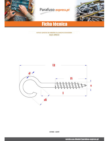Gancho ARMÁRIO 5,5X80 roscado sobre 36 comprimento total 120 Aço zinco branco