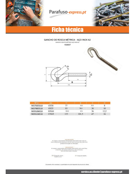 Gancho de rosca métrica Aço inoxidável A2 6X50