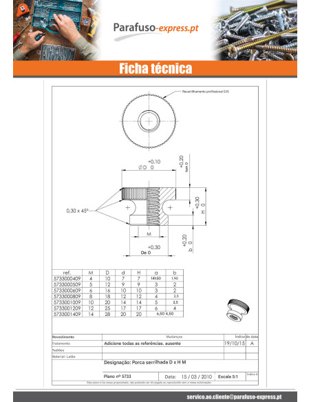 Porca serrilhada Bronze M6 16X10 EMM - Parafuso Express