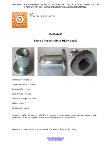Porca de cravar M8X16 diâmetro da cabeça 19 Aço zinco branco