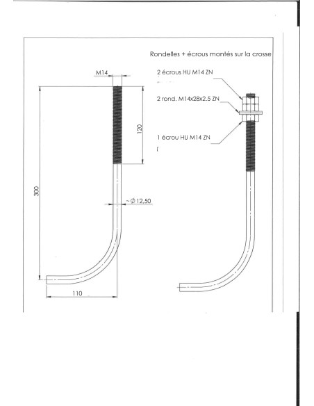 Gancho J M14X300 +3 Porca +2 Rondela Aço zinco branco
