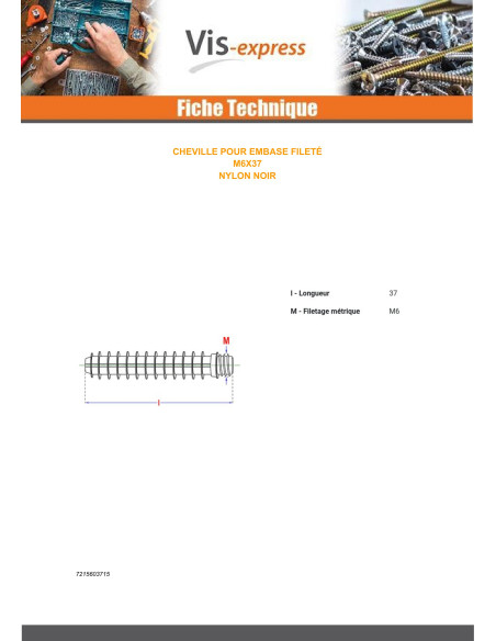Bucha roscado para flange com gola M6X37 náilon preto