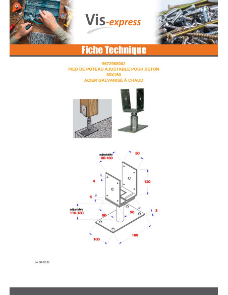 Postbasis ajustável 80x160 forte resistência à corrosão Aço galvanizado a quente