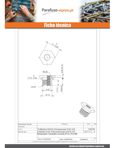 Bucha roscada M12X12,5 interior M8 Aço zinco branco