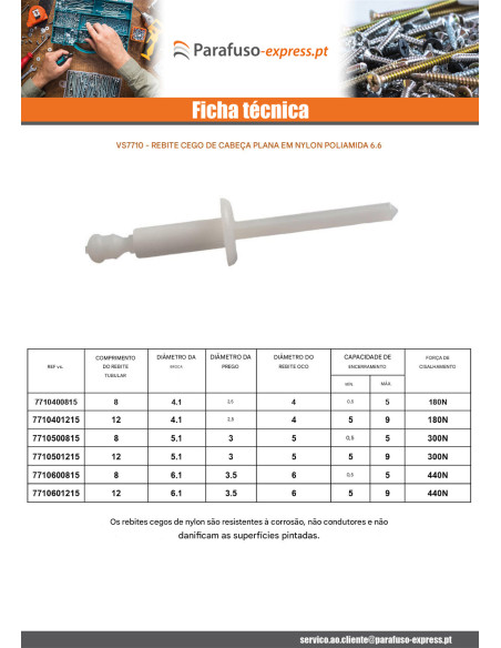 Rebite cego cabeça plano Nylon poliamida 6.6 4X8