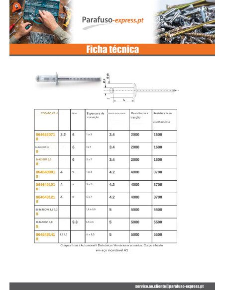 Rebite GOMUST Cabeça redonda padrão Totalmente em Aço Inoxidável A2 3,2 x 9
