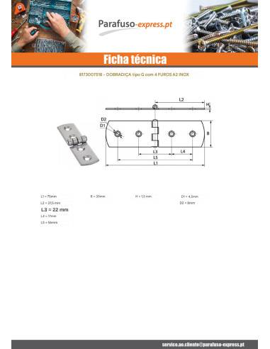 Dobradiça Tipo G 4 orifícios Aço inoxidável A2 75X20
