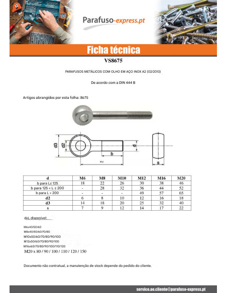 Parafuso de metais con olho M10X50 olho 10 Aço inoxidável A2