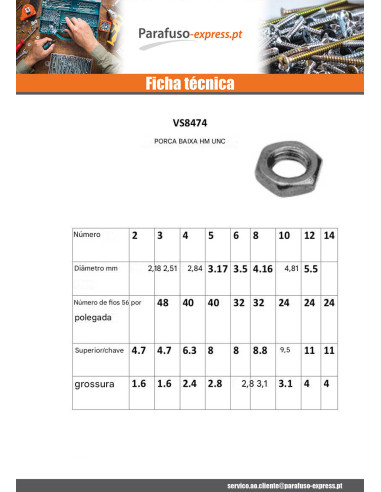 Porca hexagonal baixa hm/contraporca N6 -32 UNC Aço inoxidável A2