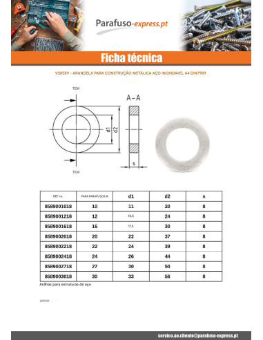 Rondela CONSTRUIR metálica Aço inoxidável A4 M20X37X8