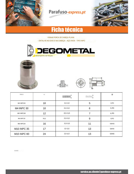 Porca rebite cabeça plana dentado M3X10 INPC 30 - Parafuso Express