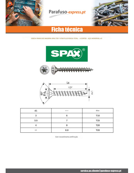 Spax Parafuso de madeira cabeça fresada de panela T-STAR TORX T20 4X40 rosca total Aço inoxidável A2