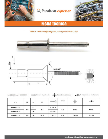 Rebite cego totalmente em aÃ§o HIBOLT cabeça fresada 6,4X17 espessura de serrilha 3.2 con 12