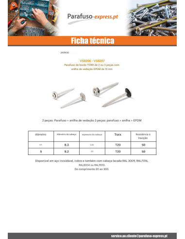 Parafuso para telhas cabeça fresada de panela TORX T20 Aço inoxidável A2 4,5X40 Arruela estanque com junta de