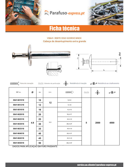 Rebite Cego GODRIVE MINOX cabeça extra larga passante 4,8X35
