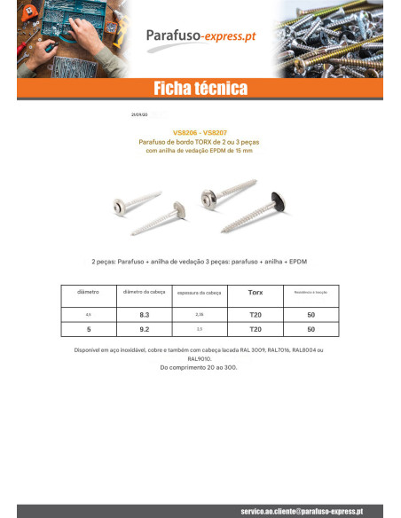 Parafuso para telhas cabeça fresada de panela TORX T20 Aço inoxidável A2 cobre 5X250 Arruela estanque com junta de