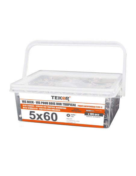 Balde de 195 Parafuso de terraço pico cut TEKOR 5X60 cut ponto antifenda tipo 17 Aço inoxidável C1 AISI 410 cabeça