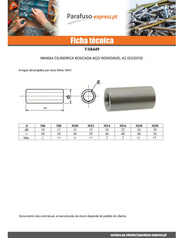 Mangas cilíndrica rosca M18 24X40 Aço inoxidável A2