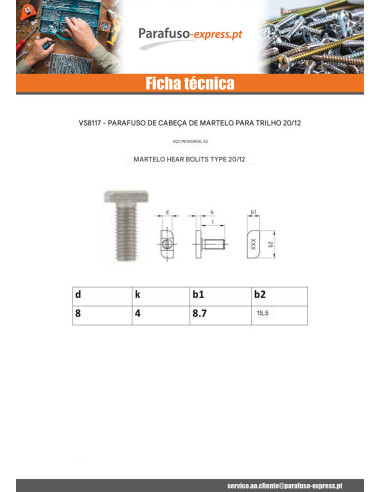 Parafuso de metais cabeça martelo 8,7 x 15,5 x 4 M8X20 Aço inoxidável A2 T20/12
