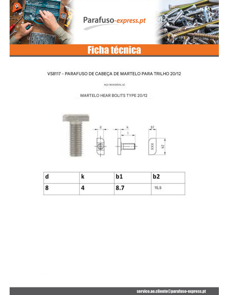Parafuso de metais cabeça martelo 8,7 x 15,5 x 4 M8X20 Aço inoxidável A2 T20/12