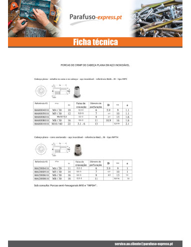 Porca rebite Aço inoxidável cabeça plana hexagonal M6X16 ENTRADA 30
