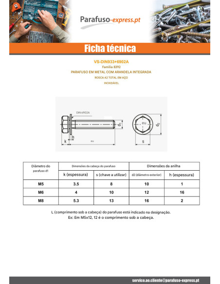 Parafuso de metais cabeça hexagonal rosca total com RD IMP M8X40 Aço inoxidável A2