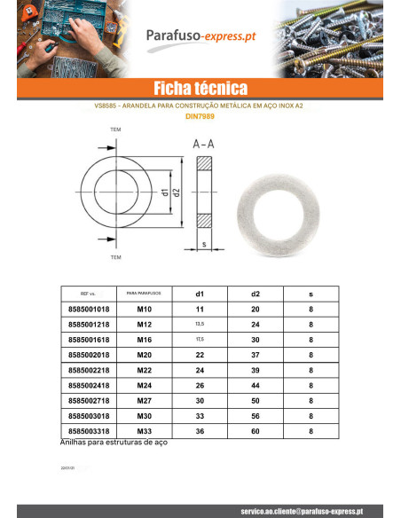 Rondela CONSTRUIR metálica Aço inoxidável A2 M24X44X8