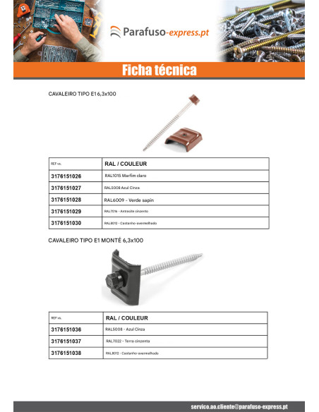 Autoperfurante com cavaleiro para telhados 2 peças Tipo E1 RAL5008 cinza azulado 6,3X100