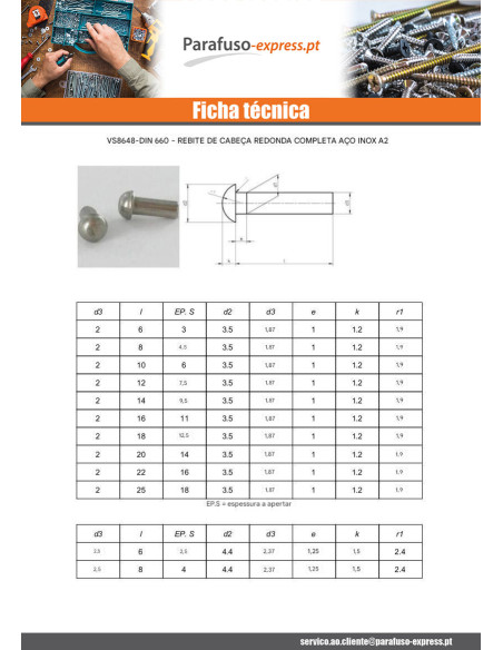 Rebite de ferro de cabeça plana cabeça redonda Aço inoxidável A2 2X6