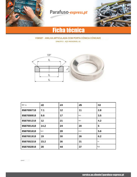 Rondela CÔNCAVO forma D Aço inoxidável A2 7,1 x 12 x 2,8