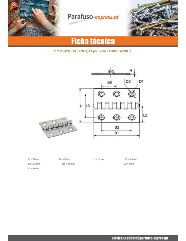 Dobradiça Tipo sulcada 6 orifícios Aço inoxidável A2 50X60