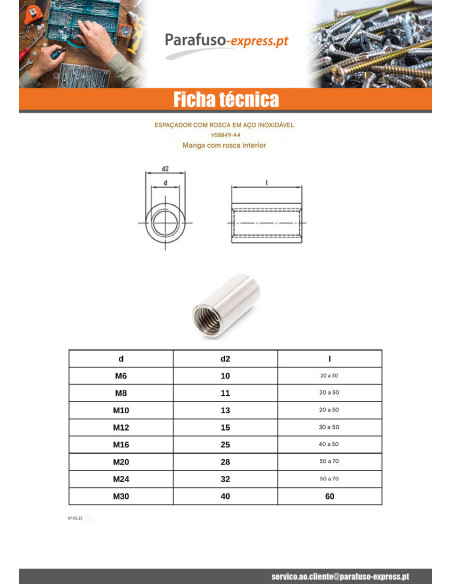 Mangas cilíndrica rosca M8X40 Aço inoxidável A4