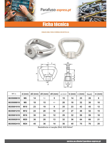 Porca con Anilha para ALÇA M6 Aço inoxidável A4