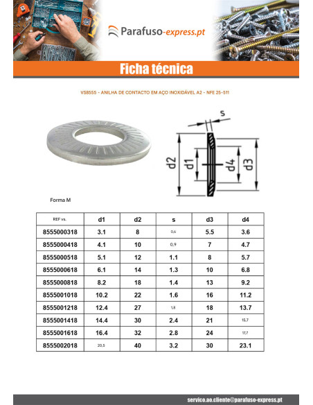 Arruelas de contacto Aço inoxidável A2 M3X8X0,6 M